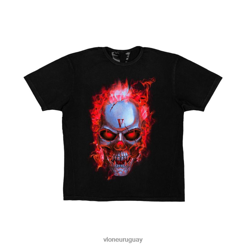 hombres Vlone camiseta calavera roja llama negra arriba 84H0B235